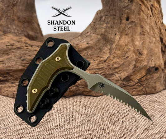 Microtech & Bastinelli Bee Marfione Select Apocalyptic Full Serrated w/ Antique Bronze Handles & Bronze Hardware 218-12APMS2