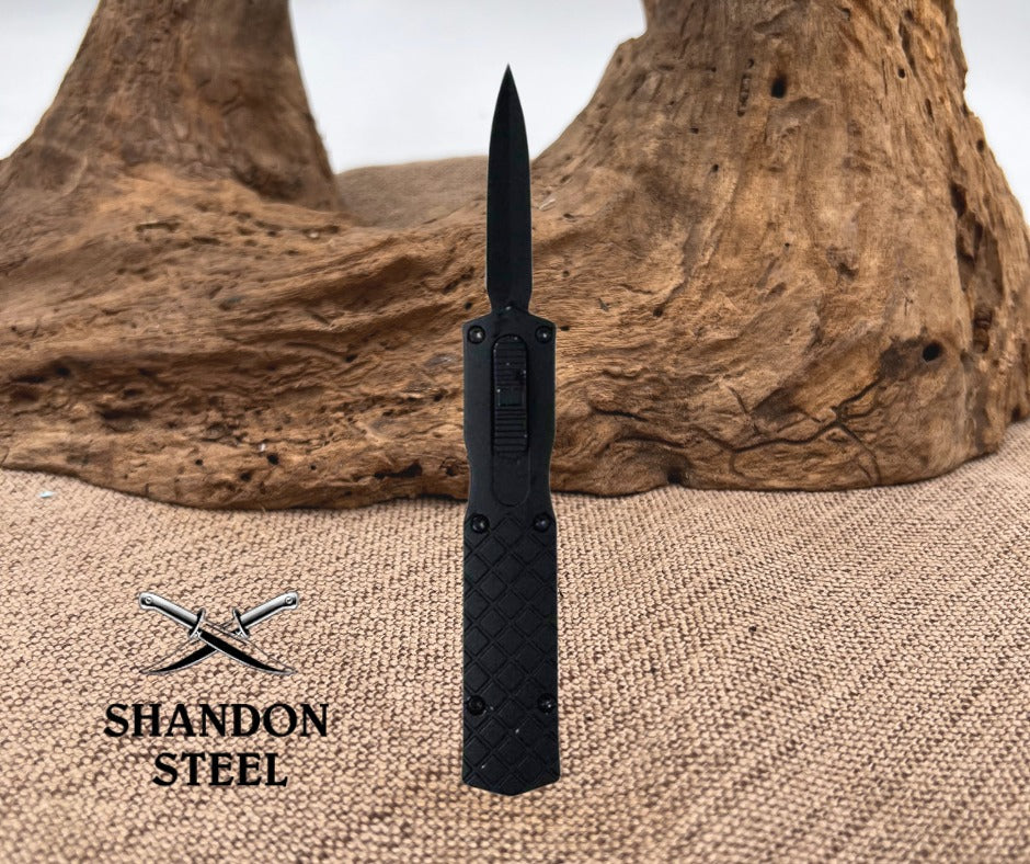 Mini 5-3/8" Overall OTF Knife, Black Handle, Black Dagger Blade and Pocket Clip 225BK