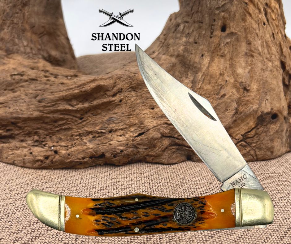 Hunters Classic NAHC Stainless 4" Blade Orange Jigged Bone Handle Folding Knife5