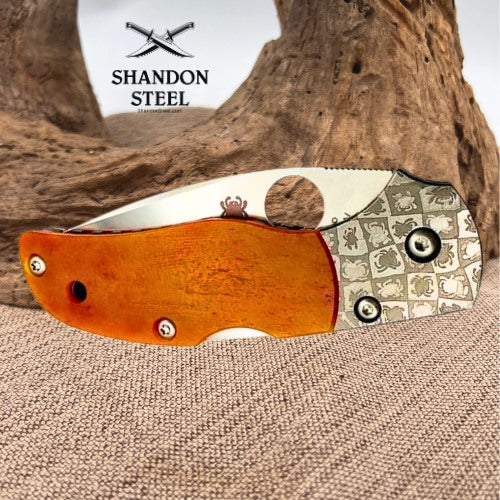Spyderco Native 5 50th Anniversary Amber Bone w/ Damascus Bolster Polished S90V Blade C41BA50TH