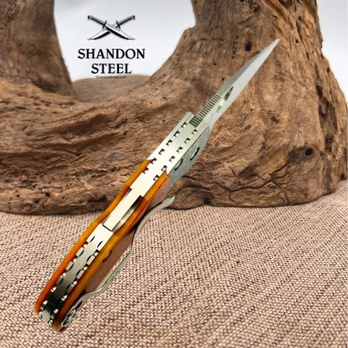 Spyderco Native 5 50th Anniversary Amber Bone w/ Damascus Bolster Polished S90V Blade C41BA50TH