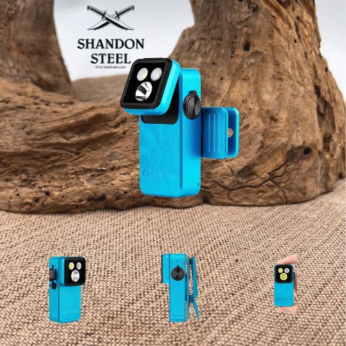 A bright blue handheld flashlight with a black front panel and a small clip, shown prominently above three smaller product views. The background features a rustic wood log and burlap fabric.