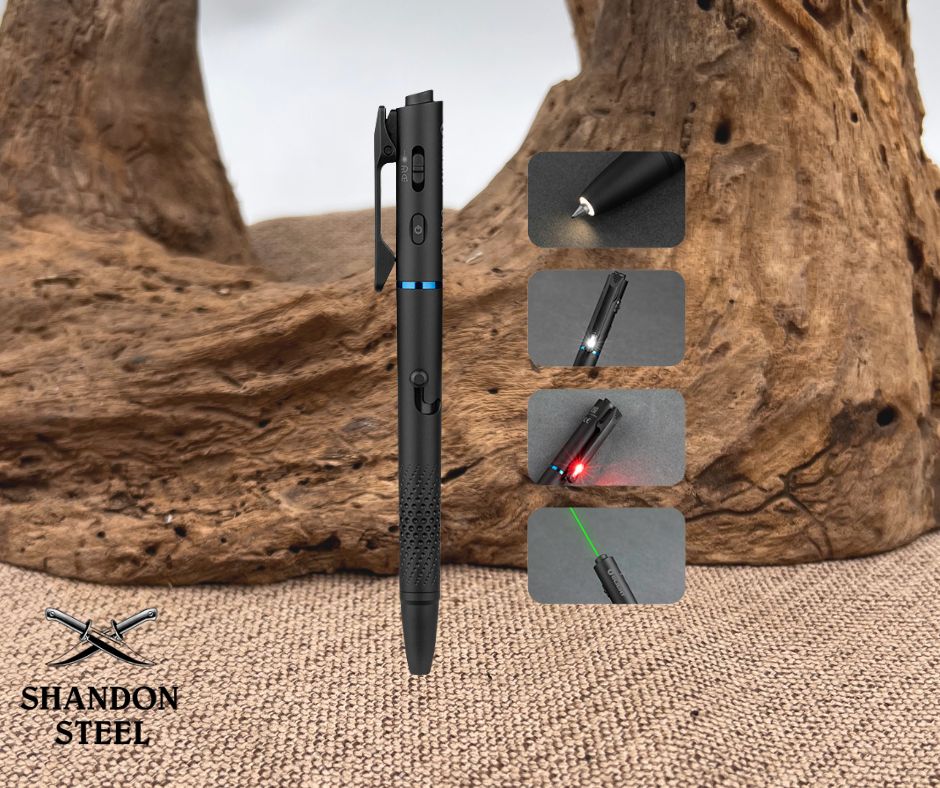 Black tactical pen with multiple uses on a textured surface, featuring Shandon Steel branding.