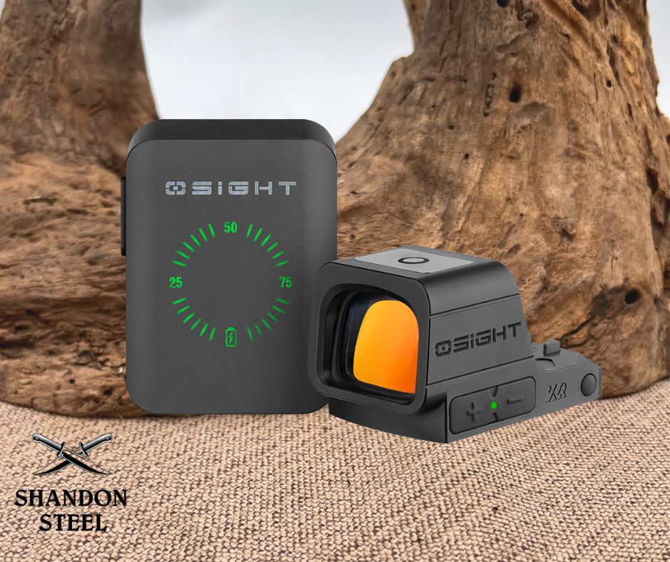 Two O Sight optical devices on a textured surface with wooden background