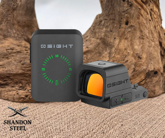 Two O Sight optical devices on a textured surface with wooden background