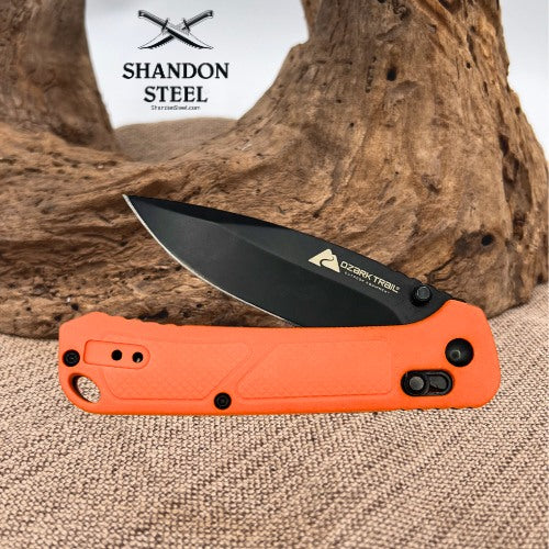 Ozark Trail D2 Steel Orange Handle Folding Drop Point Knife Crossbar Lock EDC 19