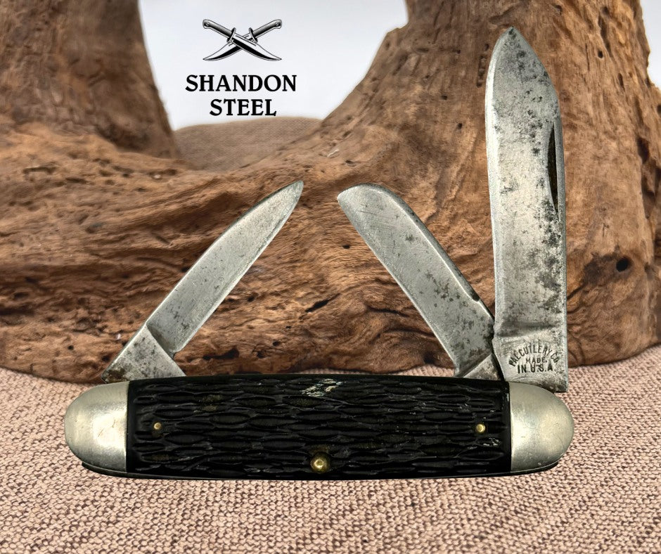 PAL Cutlery USA 3 Blade Stockman Cattle Knife Black Handle Carbon Steel (86)