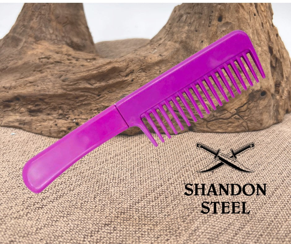 Purple comb with 'Shandon Steel' branding on a textured surface with wooden background