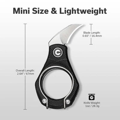 Miniature knife with measurements on a white background