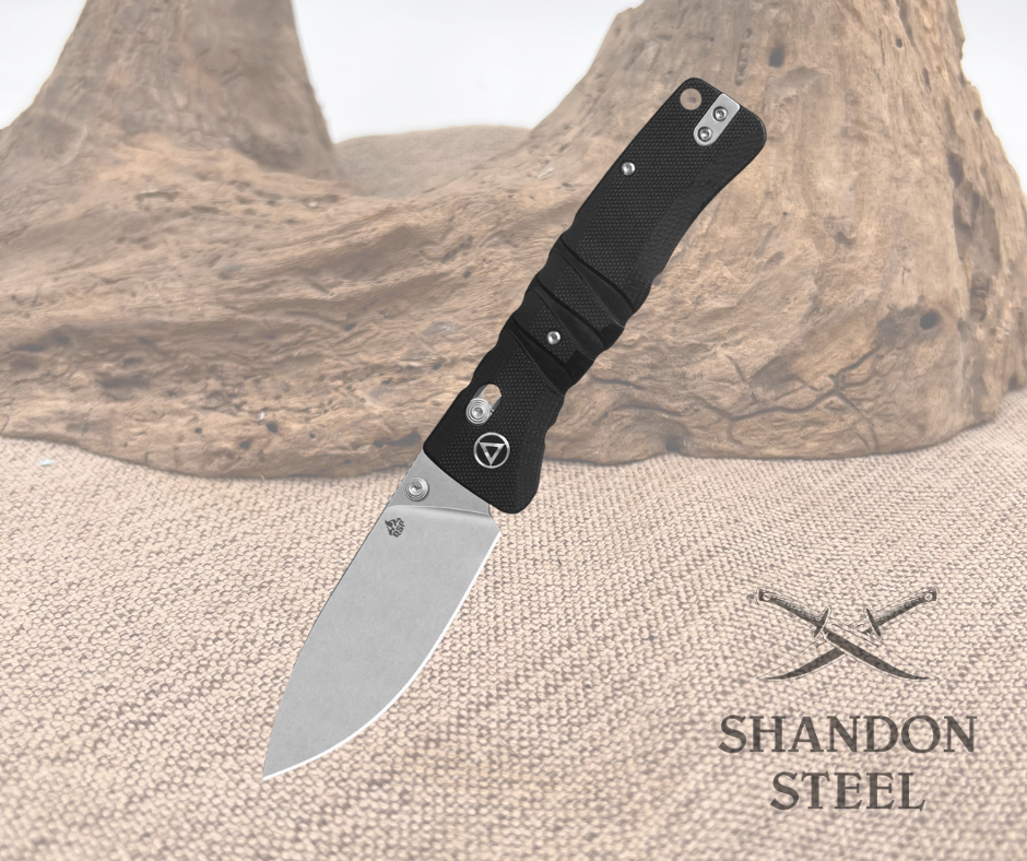 A folding pocket knife with a black G10 handle and a metallic blade, open, displaying the blade and the Glyde lock mechanism, placed on a textured surface.