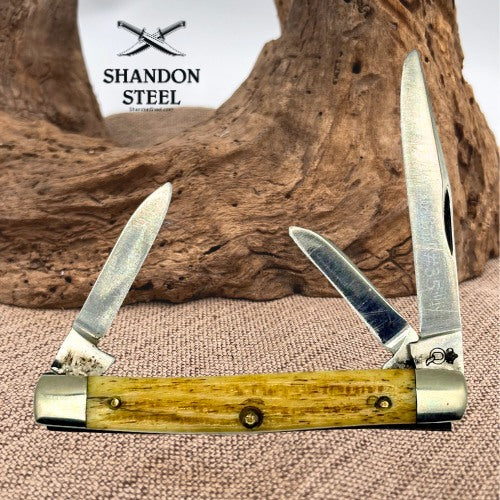 Queen Steel 35 Vintage Stockman Knife 3 Blade Bone Handle Pocket Knife USA (201)