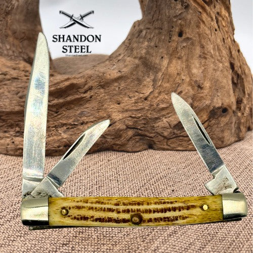 Queen Steel 35 Vintage Stockman Knife 3 Blade Bone Handle Pocket Knife USA (201)