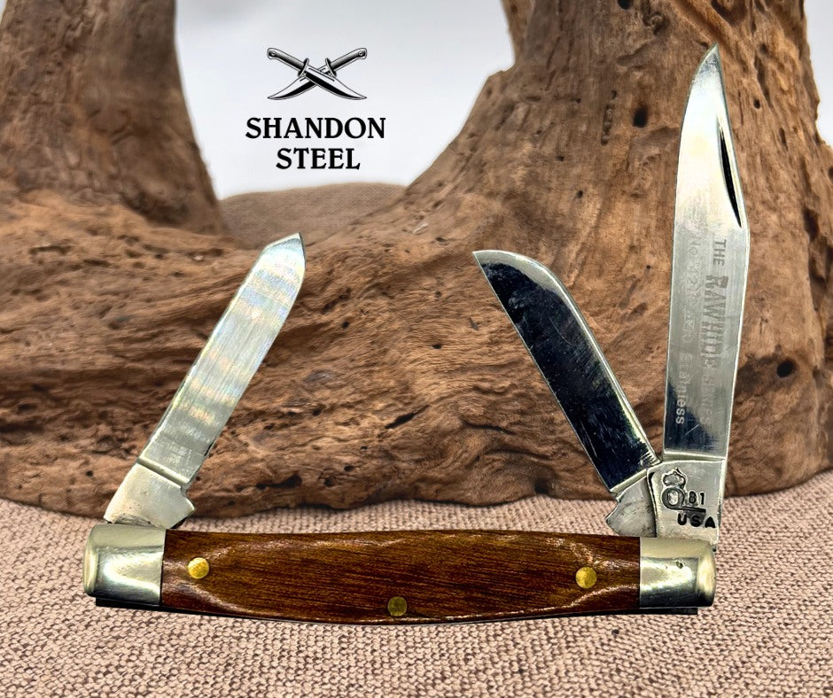 QUEEN USA Q81 THE RAWHIDE SERIES 3 BLADE STOCKMAN FOLDING POCKET KNIFE (147)