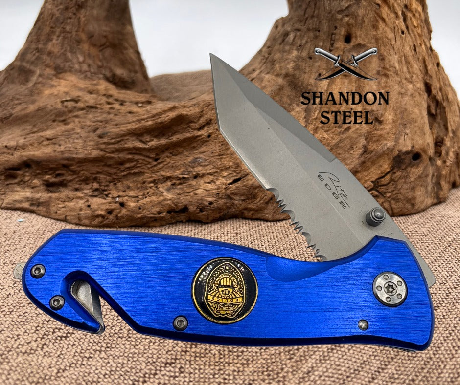 Rite Edge Blue Police Folding Pocket Knife Tanto Part Serrated Blade SB Cutter