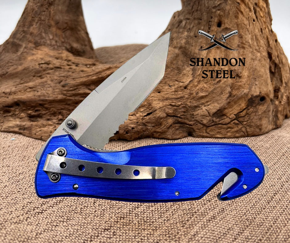Rite Edge Blue Police Folding Pocket Knife Tanto Part Serrated Blade SB Cutter