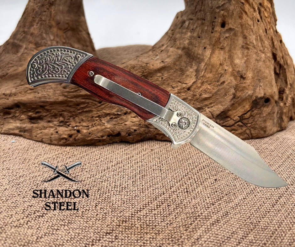 Rite Edge Wood Handle Spring Assisted Folding Pocket Knife w/ Clip  8” Overall