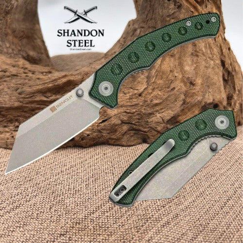 SENCUT Clout Thumb Stud Knife Green Canvas Micarta Handle (2.99" Gray Stonewashed D2 Blade) S26031-2