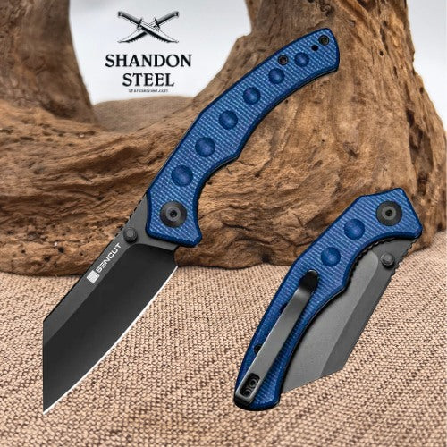 SENCUT Clout Thumb Stud Knife Blue Canvas Micarta Handle (2.99" Black D2 Blade) S26031-3