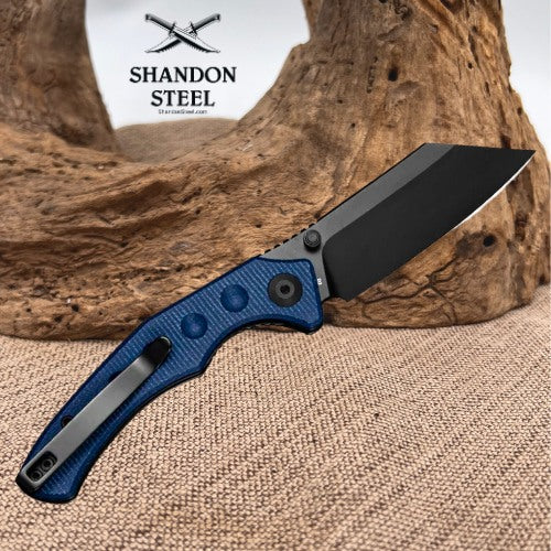 SENCUT Clout Thumb Stud Knife Blue Canvas Micarta Handle (2.99" Black D2 Blade) S26031-3