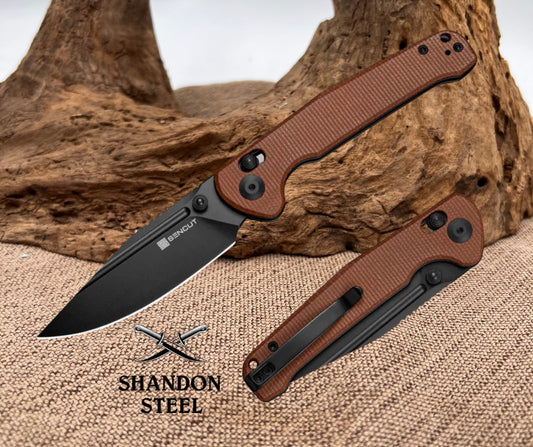 SENCUT Glenspar Thumb Stud & Crossbar Lock Knife Brown Canvas Micarta Handle (3.45" Black 9Cr18MoV Blade) S25046-3