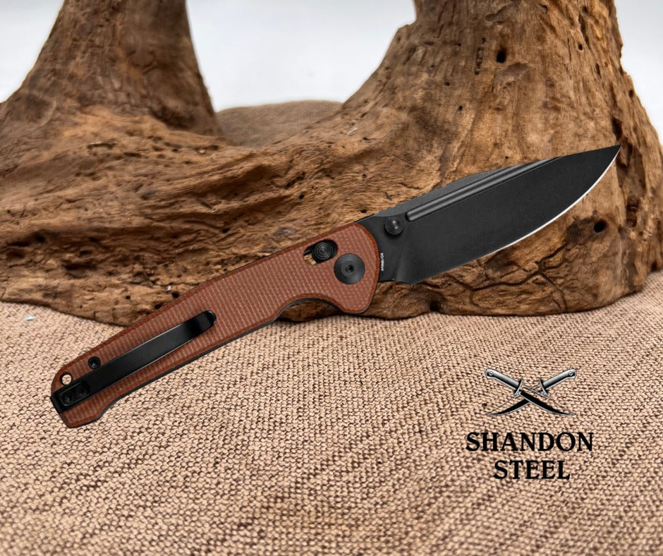 SENCUT Glenspar Thumb Stud & Crossbar Lock Knife Brown Canvas Micarta Handle (3.45" Black 9Cr18MoV Blade) S25046-3