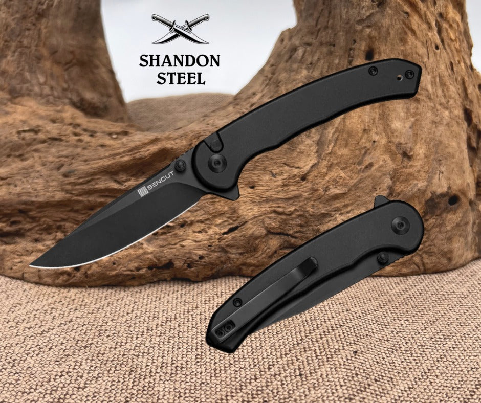 SENCUT Ingot Flipper & Thumb Stud & Button Lock Knife Black Aluminum Handle (3.21" Black D2 Blade) S25102-2