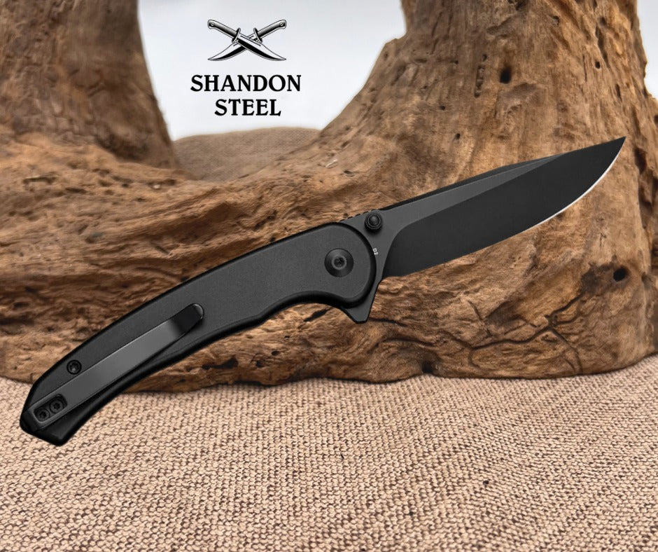 SENCUT Ingot Flipper & Thumb Stud & Button Lock Knife Black Aluminum Handle (3.21" Black D2 Blade) S25102-2