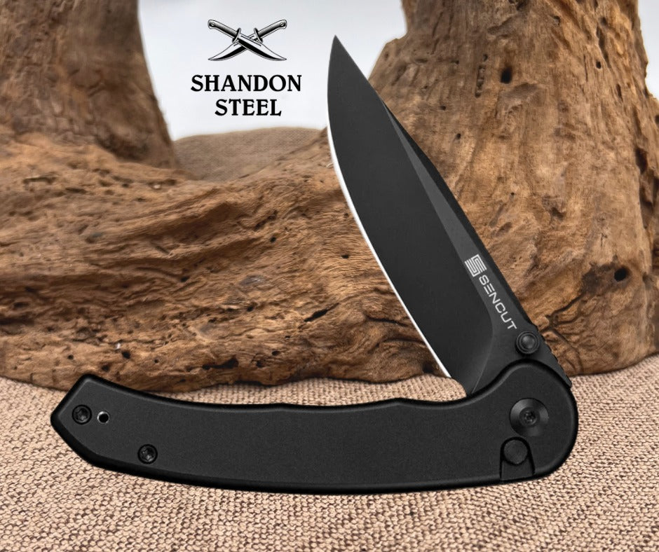 SENCUT Ingot Flipper & Thumb Stud & Button Lock Knife Black Aluminum Handle (3.21" Black D2 Blade) S25102-2