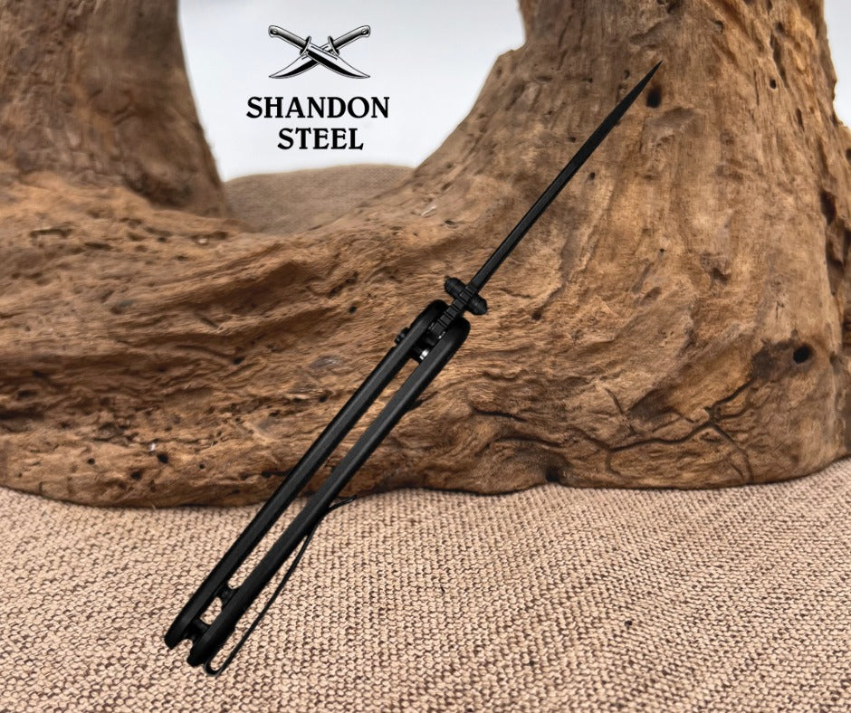 SENCUT Ingot Flipper & Thumb Stud & Button Lock Knife Black Aluminum Handle (3.21" Black D2 Blade) S25102-2