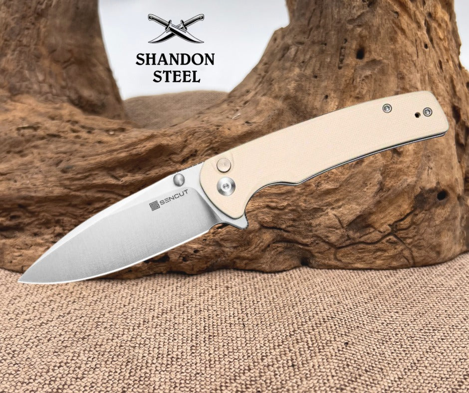 SENCUT Sachse Flipper & Button Lock & Thumb Stud Knife Ivory G10 Handle (3.47" Satin Finished 9Cr18MoV Blade) S21007-7