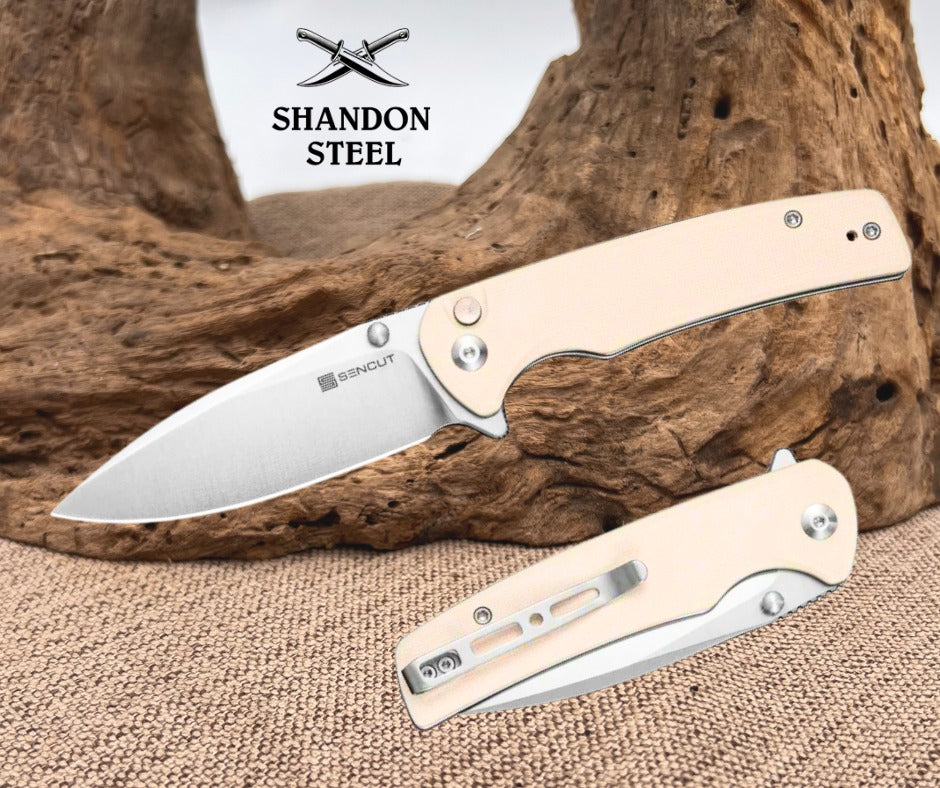 SENCUT Sachse Flipper & Button Lock & Thumb Stud Knife Ivory G10 Handle (3.47" Satin Finished 9Cr18MoV Blade) S21007-7