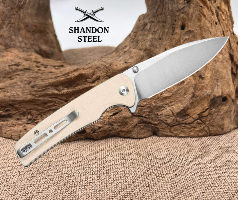 SENCUT Sachse Flipper & Button Lock & Thumb Stud Knife Ivory G10 Handle (3.47" Satin Finished 9Cr18MoV Blade) S21007-7