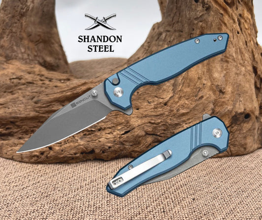 SENCUT Selkyris Flipper & Thumb Stud & Button Lock Knife Blue Aluminum Handle (3.36" Gray Stonewashed D2 Blade) S25068-3