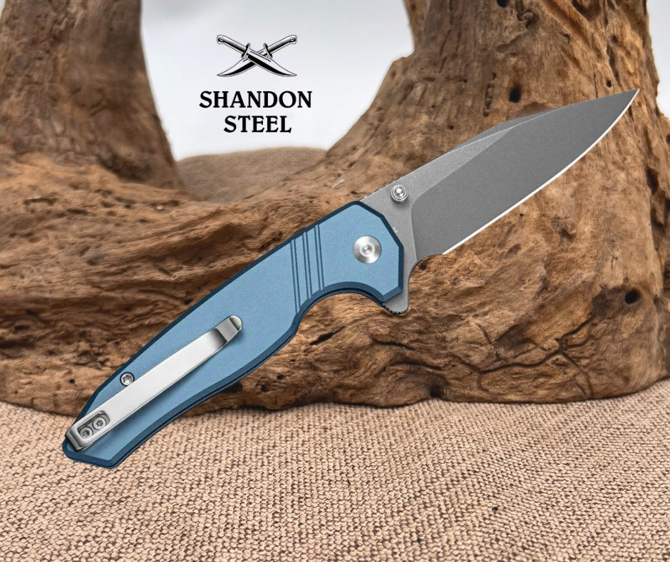 SENCUT Selkyris Flipper & Thumb Stud & Button Lock Knife Blue Aluminum Handle (3.36" Gray Stonewashed D2 Blade) S25068-3