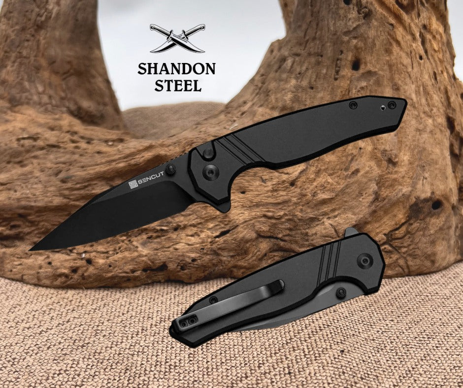 SENCUT Selkyris Flipper & Thumb Stud & Button Lock Knife Black Aluminum Handle (3.36" Black D2 Blade) S25068-1