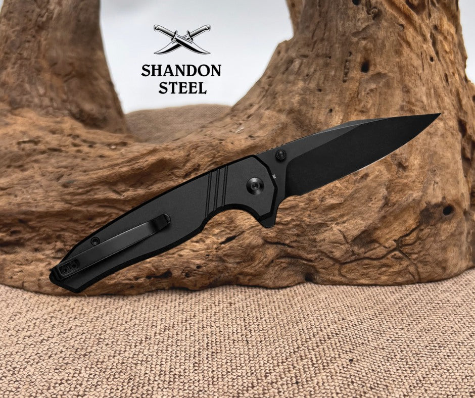 SENCUT Selkyris Flipper & Thumb Stud & Button Lock Knife Black Aluminum Handle (3.36" Black D2 Blade) S25068-1