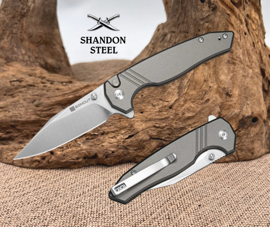 SENCUT Selkyris Flipper & Thumb Stud & Button Lock Knife Gray Aluminum Handle (3.36" Satin Finished D2 Blade) S25068-2