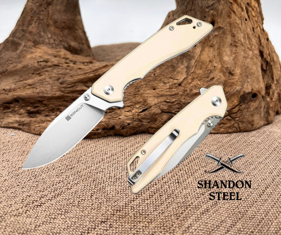 SENCUT Stratex Flipper & Thumb Stud Knife Ivory G10 Handle (3.17" Satin Finished 9Cr18MoV Blade) S25055-2