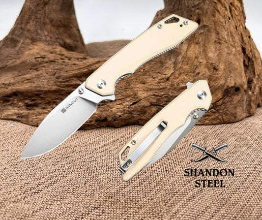 SENCUT Stratex Flipper & Thumb Stud Knife Ivory G10 Handle (3.17" Satin Finished 9Cr18MoV Blade) S25055-2