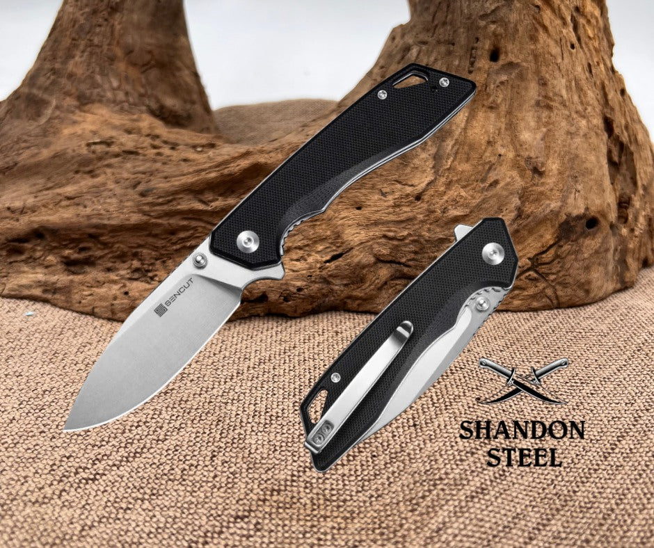 SENCUT Stratex Flipper & Thumb Stud Knife Black G10 Handle (3.17" Satin Finished 9Cr18MoV Blade) S25055-1