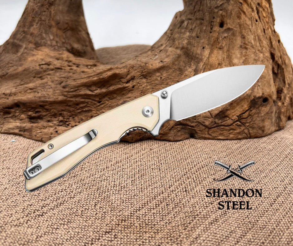 SENCUT Stratex Flipper & Thumb Stud Knife Ivory G10 Handle (3.17" Satin Finished 9Cr18MoV Blade) S25055-2