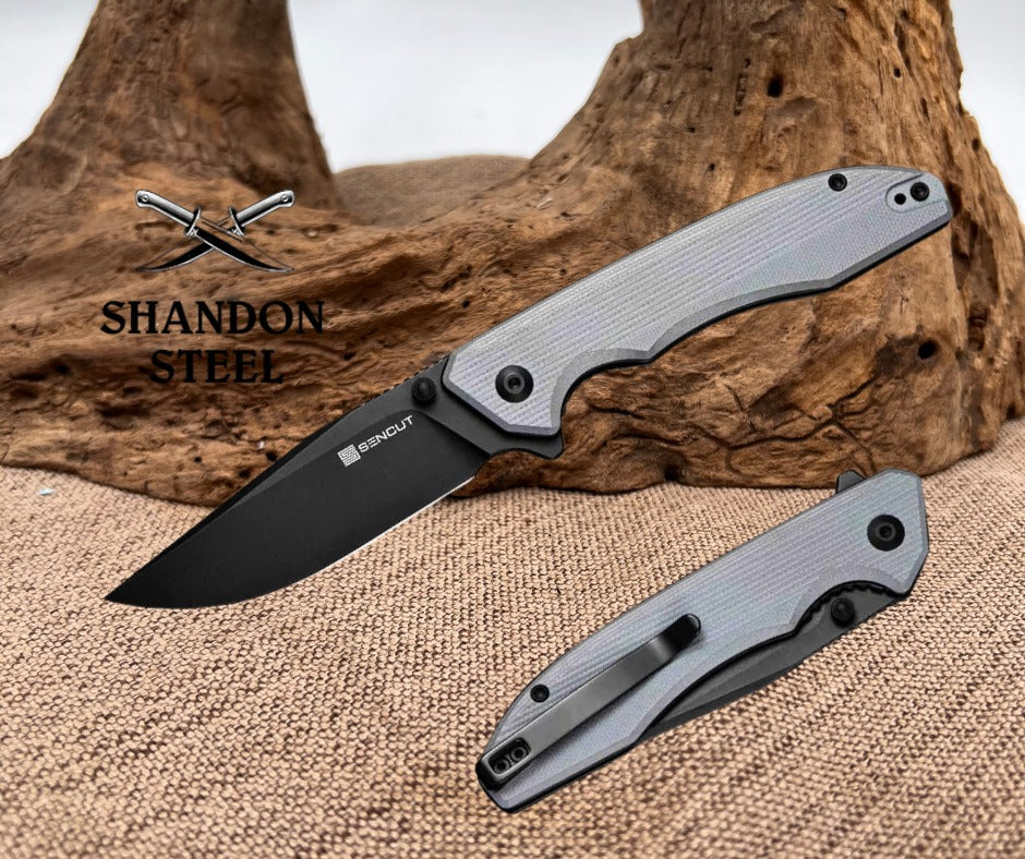 SENCUT Sylor Flipper & Thumb Stud Knife Gray G10 Handle (3.35" Black D2 Blade) S25056-1