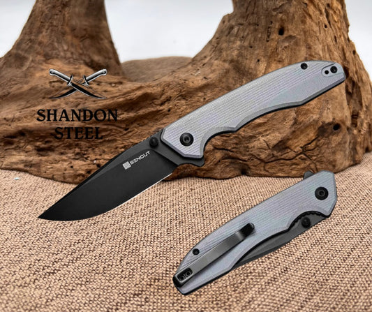 SENCUT Sylor Flipper & Thumb Stud Knife Gray G10 Handle (3.35" Black D2 Blade) S25056-1