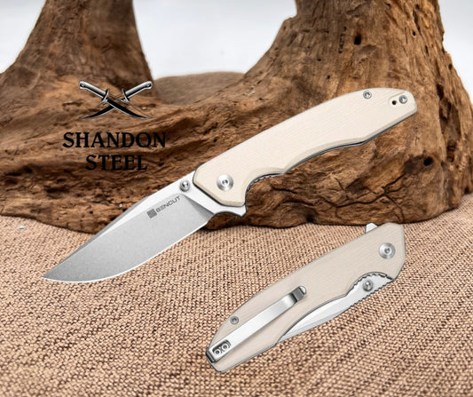 SENCUT Sylor Flipper & Thumb Stud Knife Ivory G10 Handle (3.35" Stonewashed D2 Blade) S25056-2
