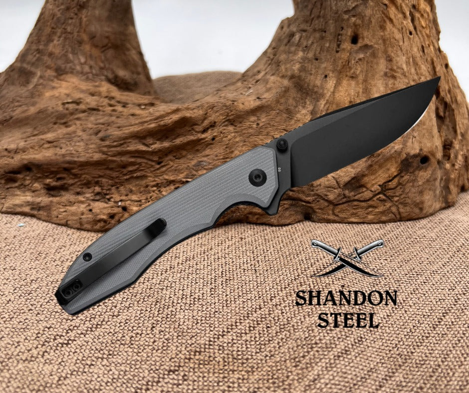SENCUT Sylor Flipper & Thumb Stud Knife Gray G10 Handle (3.35" Black D2 Blade) S25056-1