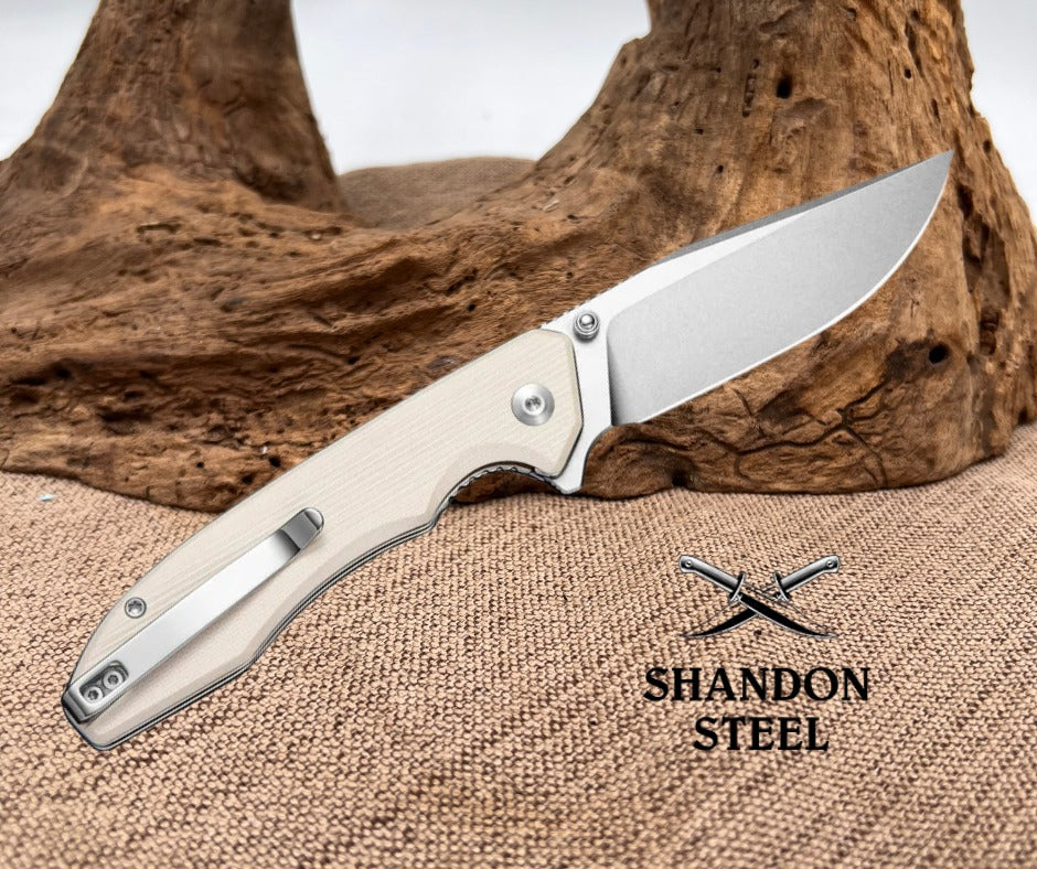 SENCUT Sylor Flipper & Thumb Stud Knife Ivory G10 Handle (3.35" Stonewashed D2 Blade) S25056-2