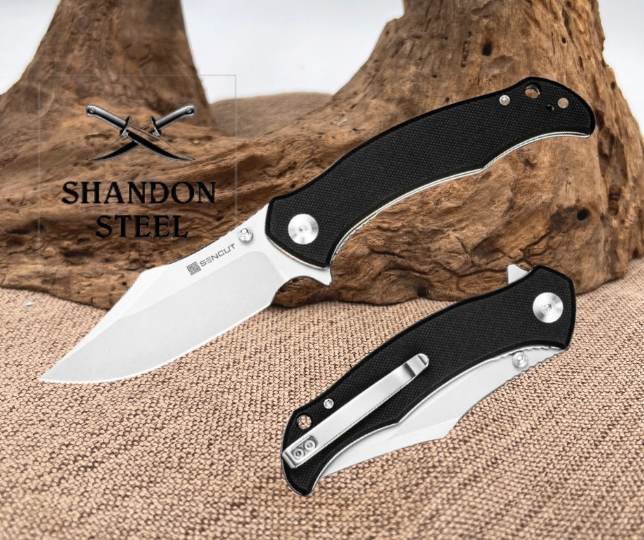 SENCUT Tauron Flipper & Thumb Stud Knife Black G10 Handle (3.48" Stonewashed D2 Blade) S25060-1