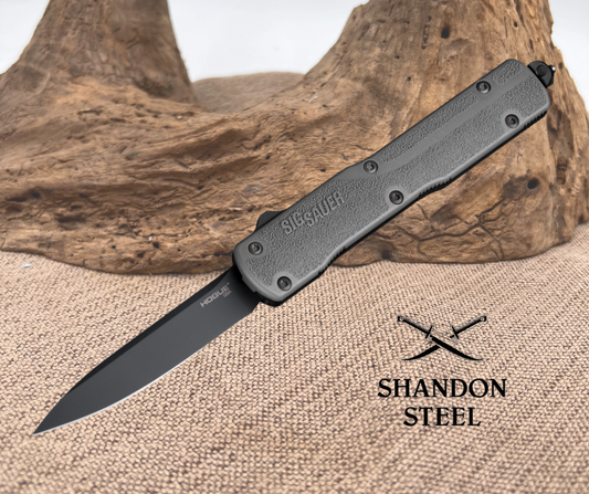 Sig Counterstrike Out the Front Automatic - 3.35" Drop Point Blade 20CV Black Finish - Black Aluminum Case - Polymer Cover Grey 36972