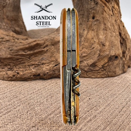 Vintage SMF Solingen Germany Multi-Tool Pocket Knife – Brown Handle – Pre-Owned (68)
