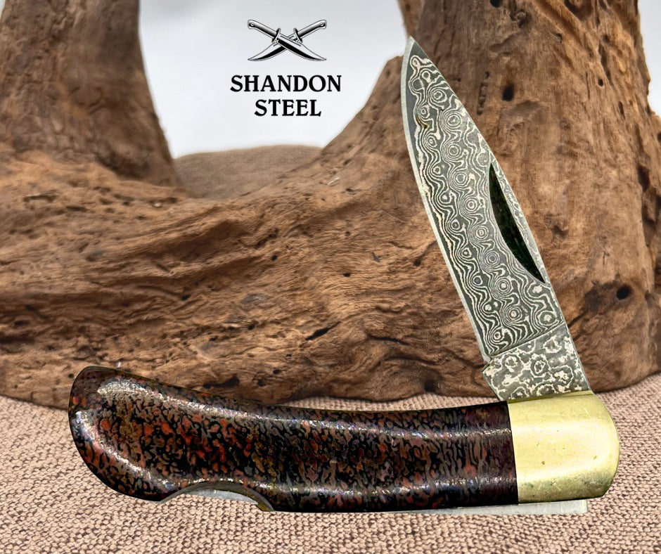 Santa Fe Stoneworks Lockback Pocket Knife Good Condition Damascus Steel Blade 12